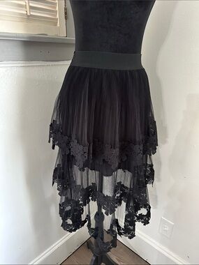 Forever 21 Black Tiered Lace Trim Midi Skirt